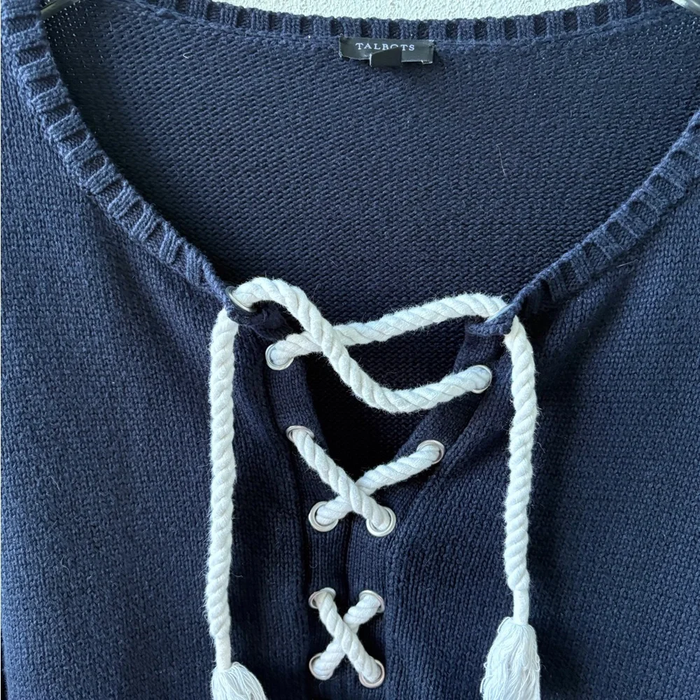 Talbots Plus Navy Lace Up Sweater Size 1X Bishop Sleeve Ribbed Hem Nautical Boat
